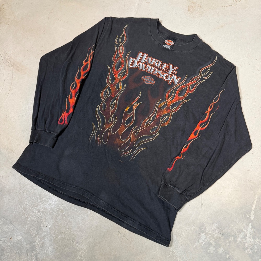 Vintage 1999 Harley Davidson Twin Flame Long Sleeve T-Shirt Traverse City Large